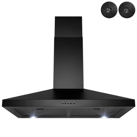 The Home Delight Golden Vantage 30" Wall Mount Range Hood in Black Painted Stainless Steel with Tempered Glass and Carbon Filters