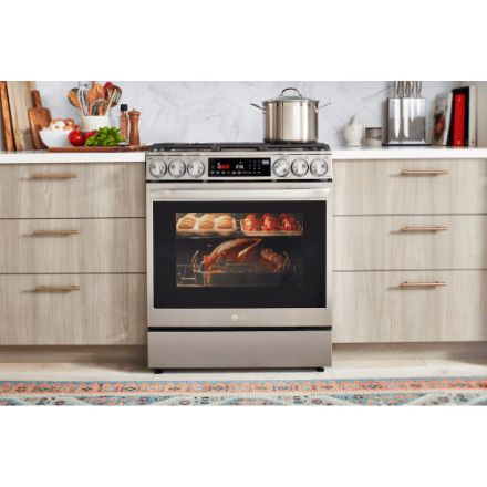 The Home Delight LG Electronics Slide-in Smart Gas Range with InstaView and Air Fry, ProBake Convection Oven in Smudge Resistant Stainless Steel