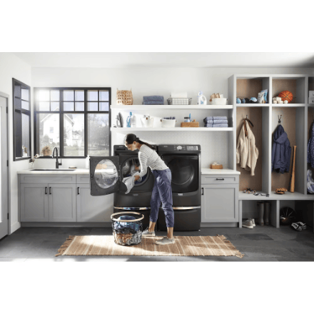 The Home Delight Maytag Front Load Washer with Extra Power and 12 Hr Fresh Spin 5.2 cu. Ft. Volcano Black