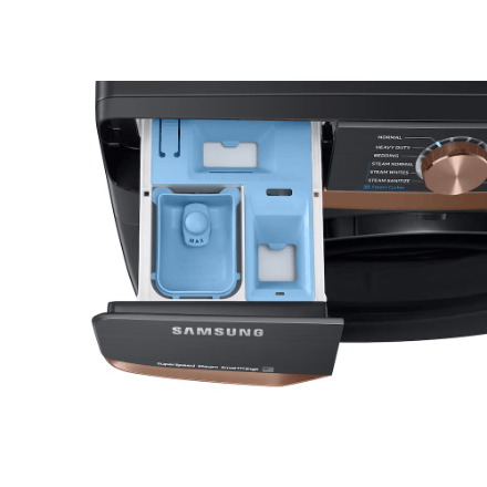 The Home Delight Samsung 5.8 cu. ft. Extra Large Capacity Smart Front Load Washer with Super Speed and Steam in Brushed Black
